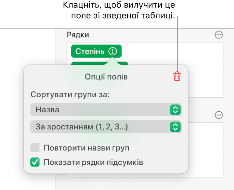 Меню «Опції полів» з елементами керування для групування і сортування даних і з опцією для вилучення поля.