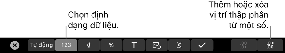 Touch Bar trên MacBook Pro với các điều khiển để chọn định dạng dữ liệu và thêm hoặc xóa vị trí thập phân khỏi một số.