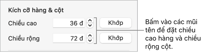 Các điều khiển đặt kích cỡ hàng hoặc cột chính xác.