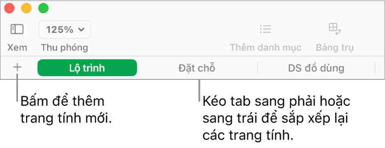 Thanh tab để thêm trang tính mới và tổ chức lại các trang tính.