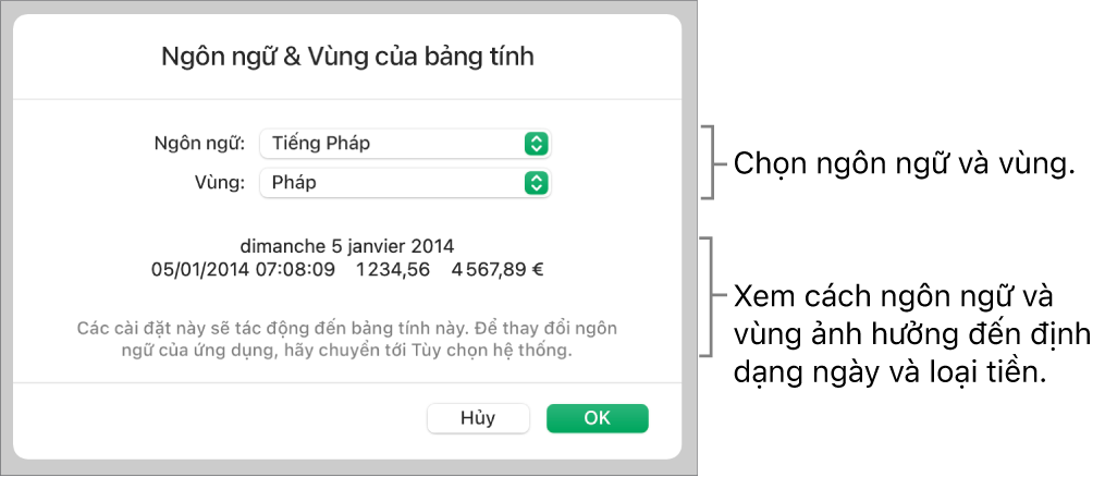 Khung Ngôn ngữ & Vùng với các điều khiển cho ngôn ngữ và vùng và ví dụ về định dạng bao gồm ngày, giờ, phần thập phân và loại tiền.