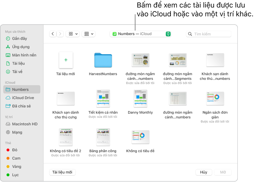 Hộp thoại Mở với thanh bên mở ở bên trái và iCloud Drive được chọn trong menu bật lên ở đầu. Các thư mục cho Keynote, Numbers và Pages xuất hiện trong hộp thoại, cùng với nút Tài liệu mới.