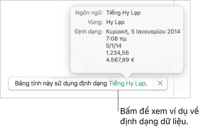 Thông báo về cài đặt ngôn ngữ và vùng khác, đang hiển thị các ví dụ về định dạng trong ngôn ngữ và vùng đó.