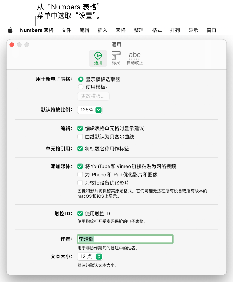 Numbers 表格设置窗口中已打开“通用”面板，包含用于新电子表格、默认缩放比例、编辑、单元格引用、方程、添加媒体、触控 ID、作者姓名和默认文本大小的设置。