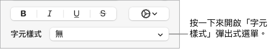用於更改文字樣式和顏色的控制項目下方顯示「字元樣式」彈出式選單。