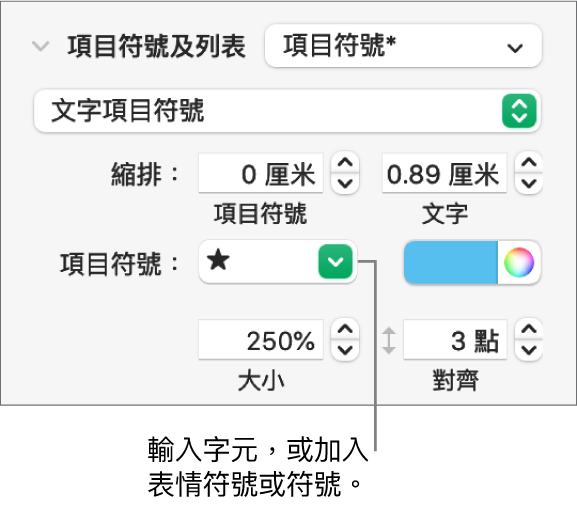 「格式」側邊欄的「項目符號及列表」區域。「項目符號」欄位顯示了星星的表情符號。