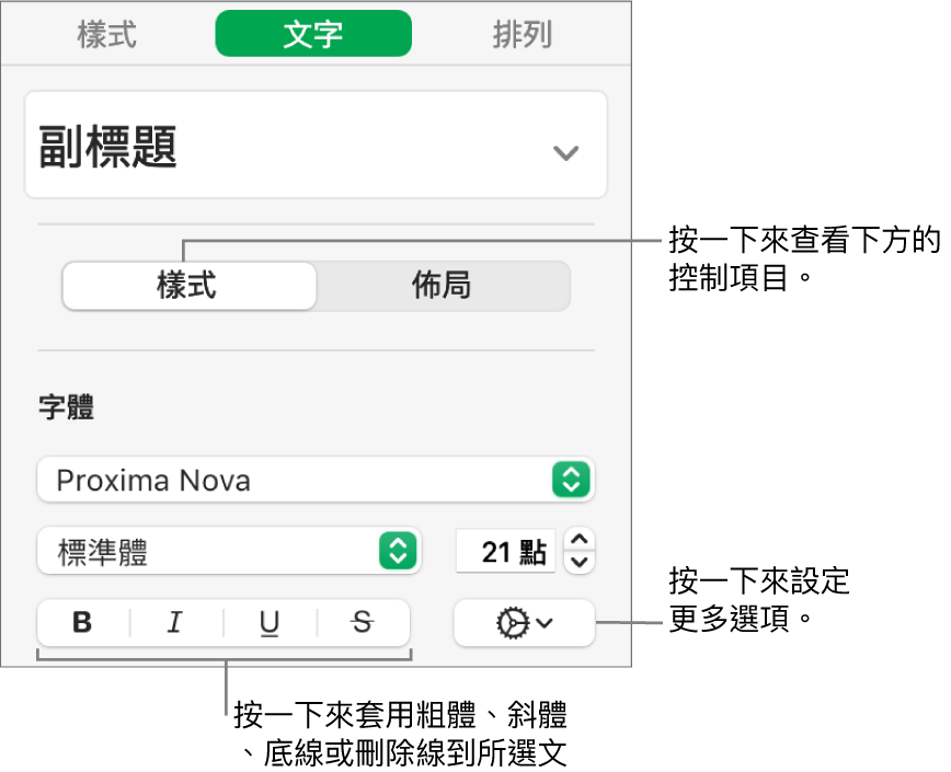 側邊欄中帶有說明文字（如「粗體」、「斜體」、「底線」和「刪除線」按鈕）的「樣式」控制項目。