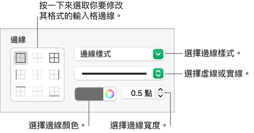 用於設定輸入格邊線樣式的控制項目。