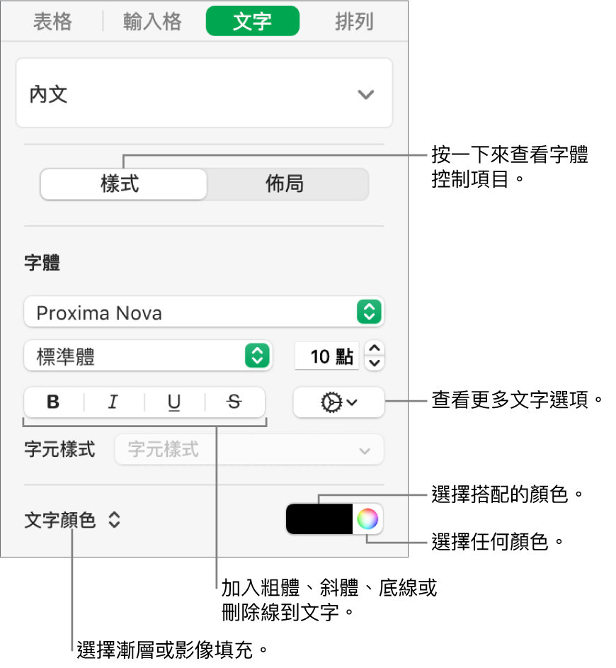 設定表格文字樣式的控制項目。