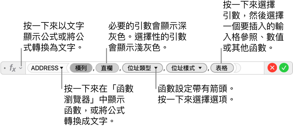 顯示 ADDRESS 函數與其引數代號的「公式編輯器」。