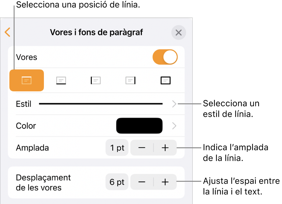 Controls per canviar l’estil, el gruix, la posició i el color de la línia.