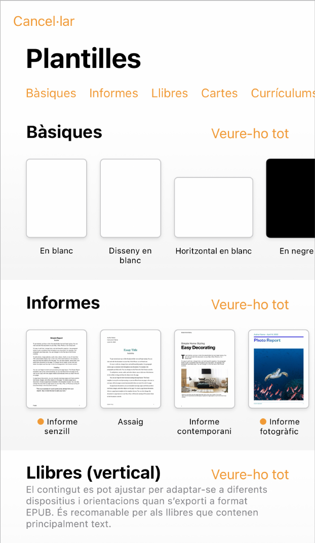 El selector de plantilles, amb una fila de categories a la part superior que pots tocar per filtrar les opcions. A sota hi ha miniatures de plantilles predissenyades ordenades en files per categoria: la primera, a la part superior, és Noves, seguida per Recents i Bàsiques. Es mostra el botó “Veure-ho tot” a la part superior i a la dreta de cada fila de categories.