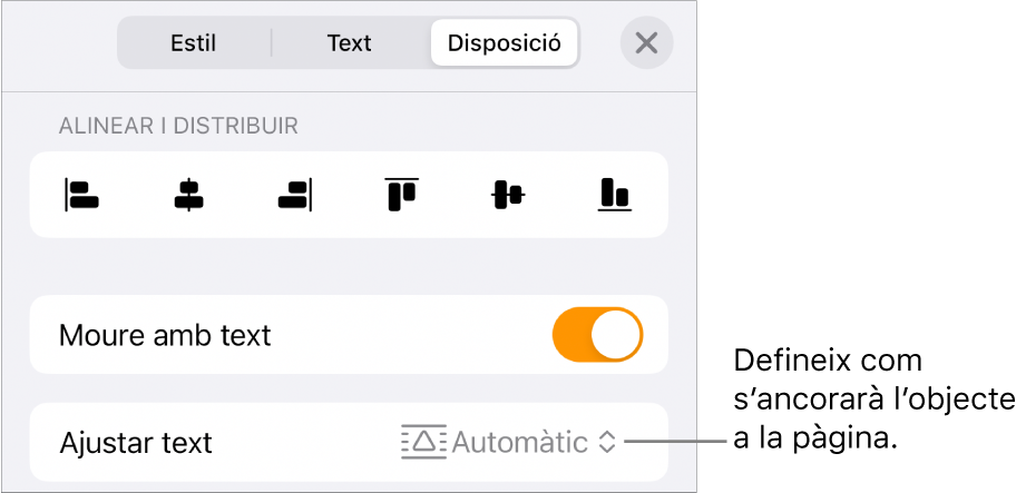 Els controls Disposició, amb “Moure amb text” i “Ajustar text”.