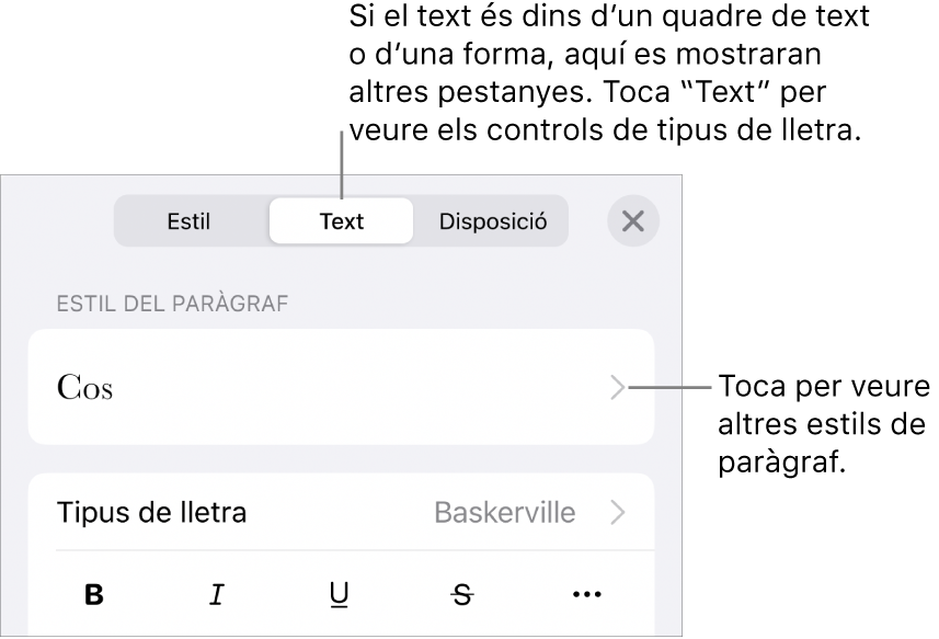 El menú Format amb els controls de text per definir els estils de paràgraf i de caràcter, el tipus de lletra, la mida i el color.