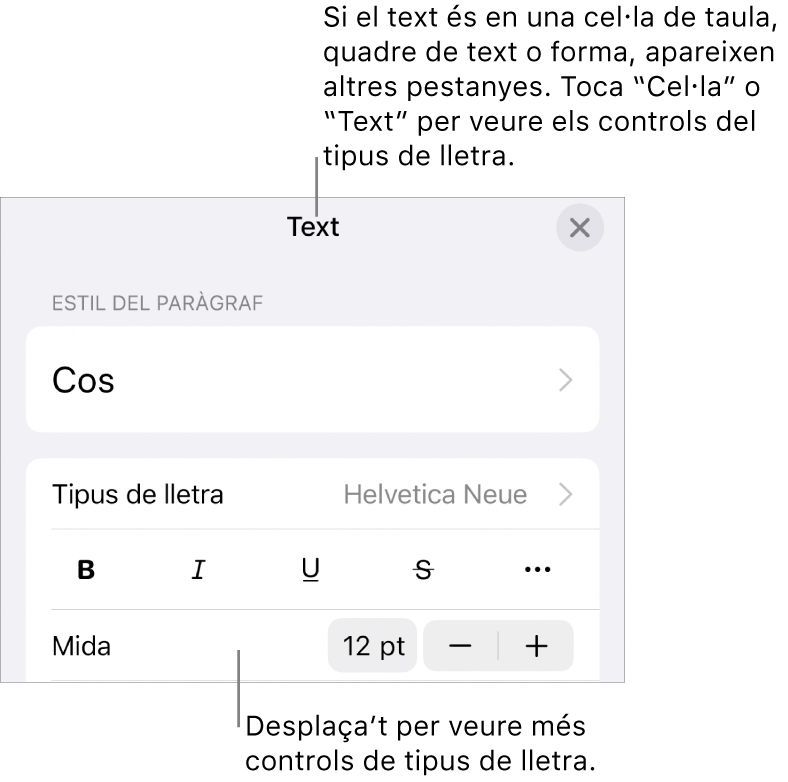 Controls de text al menú Format per definir els estils de paràgraf i de caràcter, el tipus de lletra, la mida i el color.