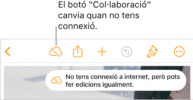 Els botons a la part superior de la pantalla, amb el botó "Col·laboració" canviat a un núvol amb una línia diagonal a sobre. Una alerta a la pantalla amb el missatge “No tens connexió a internet, però pots fer edicions igualment”.