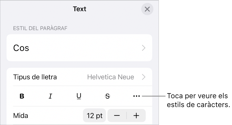 Els controls de Format amb els botons Negreta, Cursiva, Subratllat, Ratllat i “Més opcions de text”.