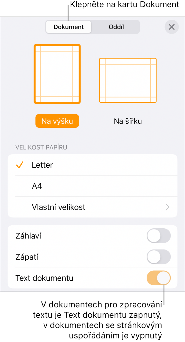 Ovládací prvky formátování se zapnutou volbou Text dokumentu u dolního okraje obrazovky