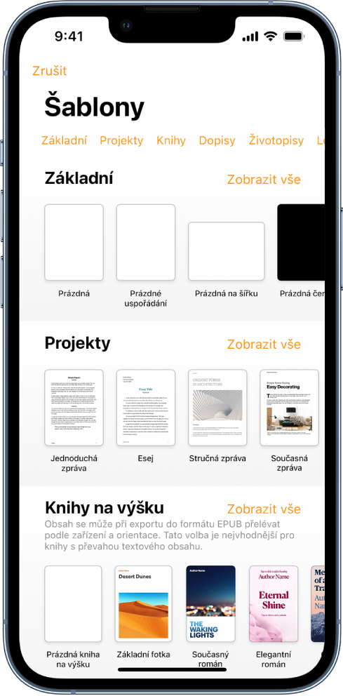 Okno pro výběr šablon s řádkem kategorií u horního okraje; klepnutím na ně můžete filtrovat možnosti pro výběr. Pod ním jsou vidět miniatury předdefinovaných šablon, uspořádané v řádcích podle kategorií. Na začátku je Nová a pak následují Poslední a Základní. U řádku každé kategorie je vpravo nahoře zobrazeno tlačítko Zobrazit vše.