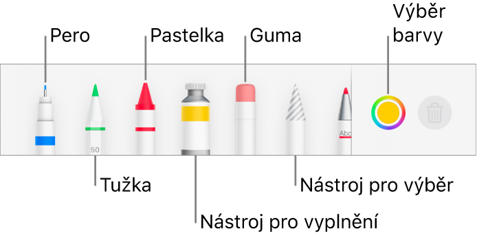 Panel nástrojů v Pages na iPhonu pro kreslení perem, tužkou, pastelem, nástrojem výplň, nástrojem pro výběr, gumou a výběrem barev se zobrazenou aktuální barvou