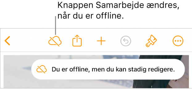 Knapperne øverst på skærmen, hvor knappen Samarbejde er ændret til en sky med en skrå streg over. En besked på skærmen med teksten “Du er offline, men du kan stadig redigere”.