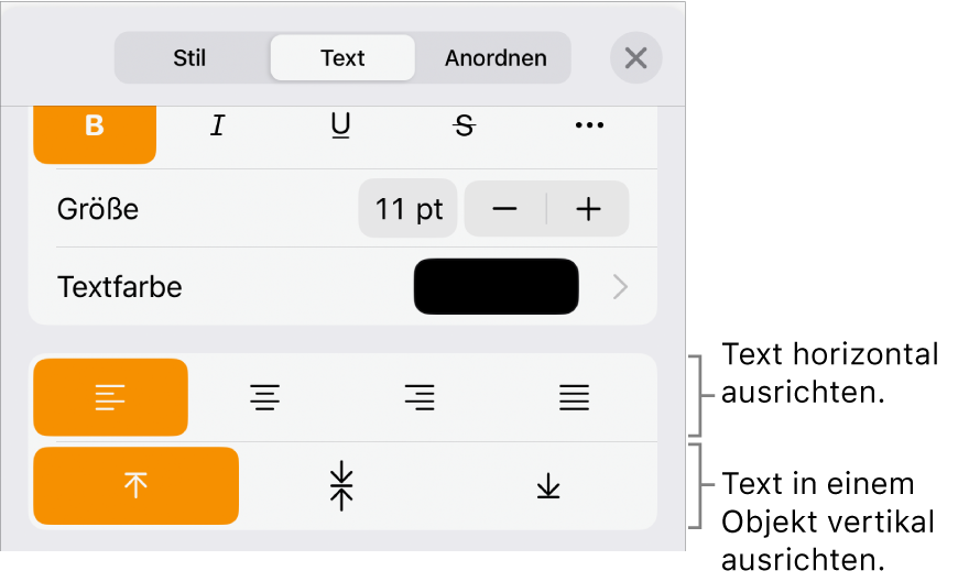 Der Bereich „Layout“ mit Beschreibungen der Ausrichtungstasten und zu den Abstandstasten für Text