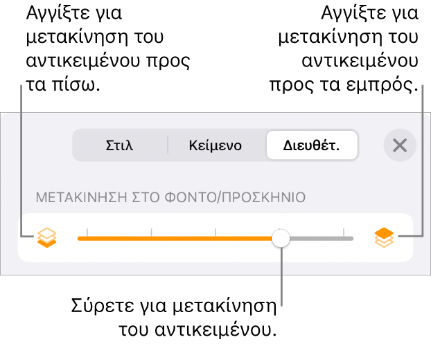 Το κουμπί Μετακίνησης προς τα πίσω, το κουμπί Μετακίνησης προς τα εμπρός, και το ρυθμιστικό διαστρωμάτωσης.