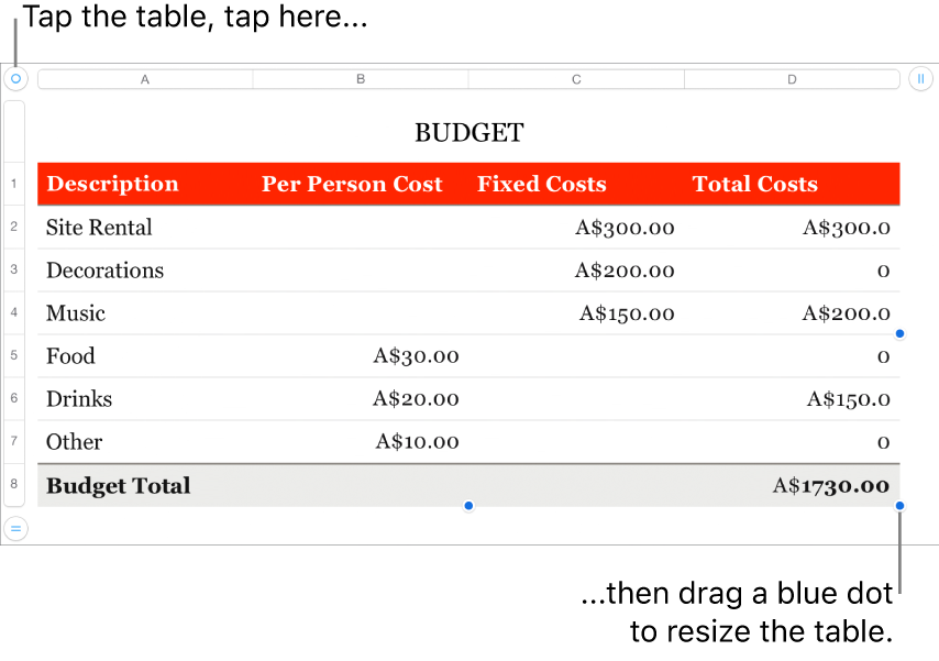 A selected table with blue dots for resizing.