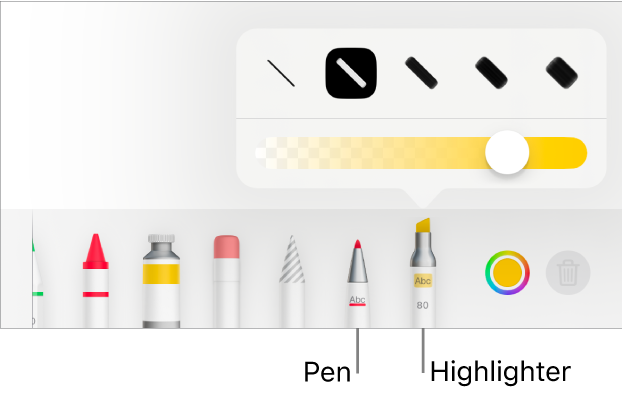 The Smart Annotation tool menu with pen and highlighter buttons, line width options and the opacity slider.