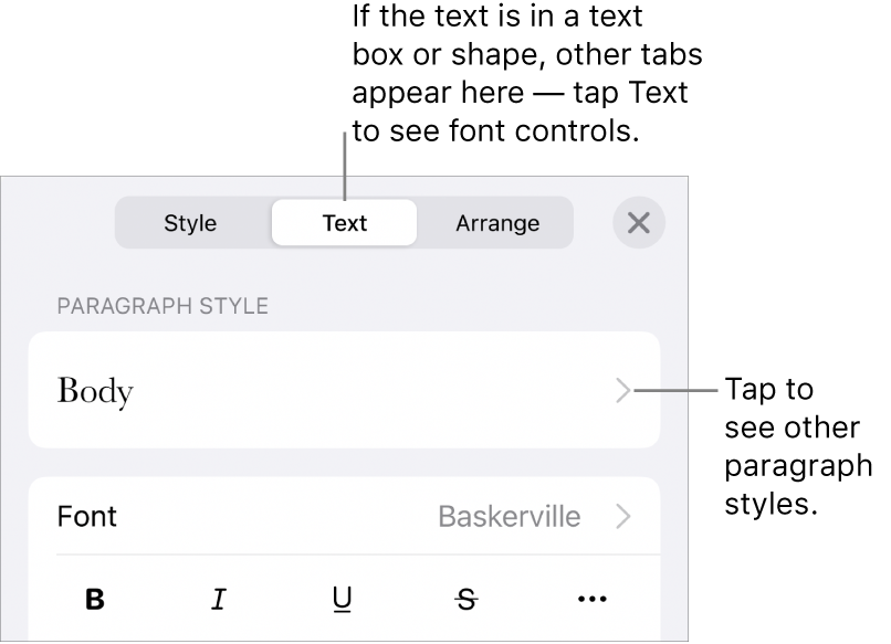 The Format menu showing text controls for setting paragraph and character styles, font, size and colour.