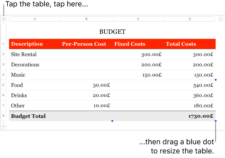 A selected table with blue dots for resizing.