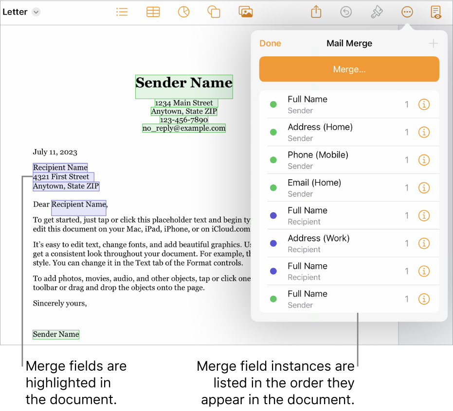 Pages document with recipient and sender merge fields, and the merge field instances list visible in the Document sidebar.