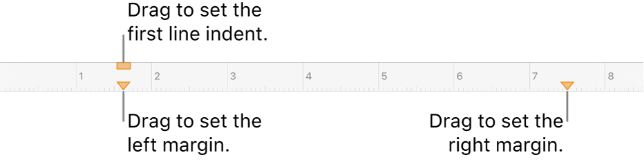 The ruler with callouts to the left margin marker, first line indent marker, and right margin marker.