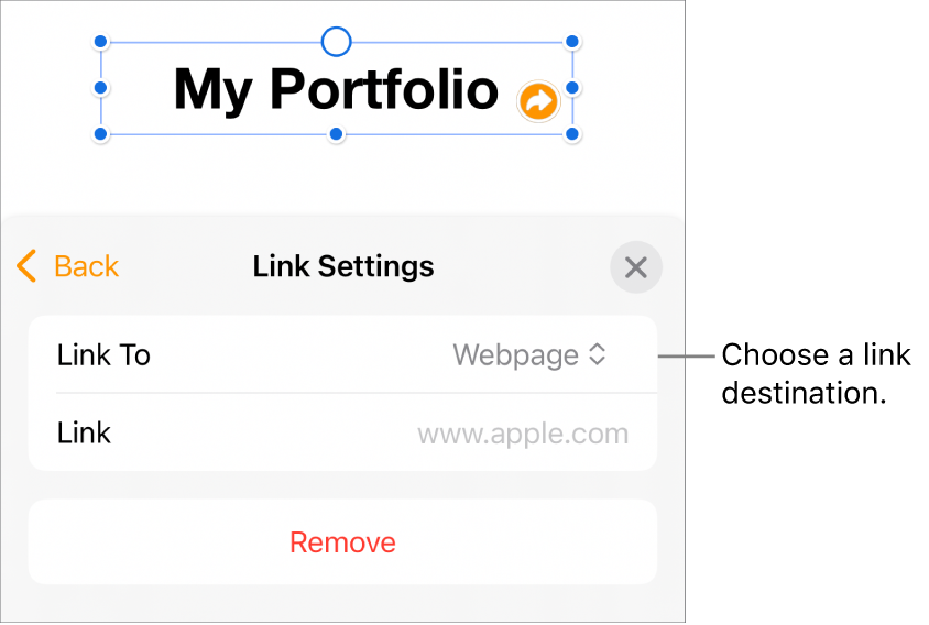 The Link Settings controls with Webpage selected, and the Remove button at the bottom.