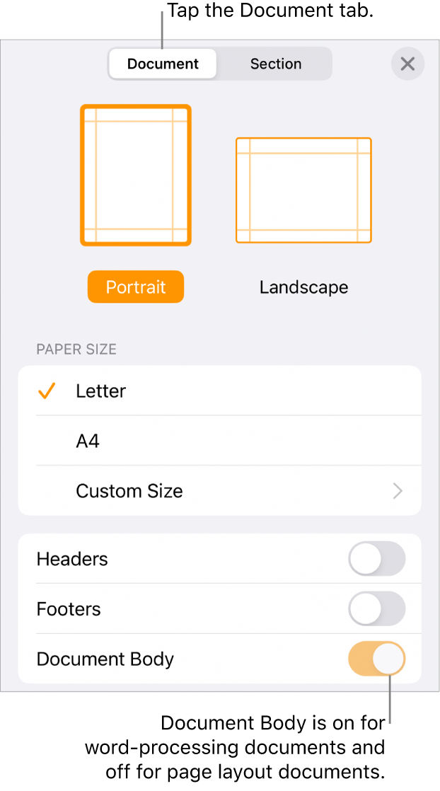 The Document format controls with Document Body turned on near the bottom of the screen.