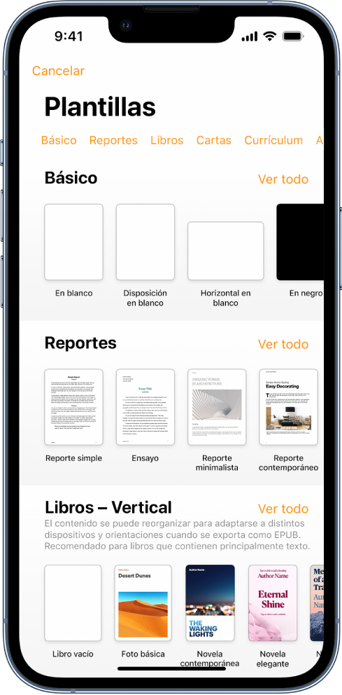 El selector de plantilla muestra una fila de categorías a lo largo de la parte superior en las que puedes tocar para filtrar las opciones. En la parte inferior, organizadas en filas por categoría, aparecen miniaturas de las plantillas prediseñadas, comenzando con las Nuevas en la parte superior y seguidas de las Recientes y Básicas. En la parte superior derecha de cada fila de categoría aparece un botón Ver todo.