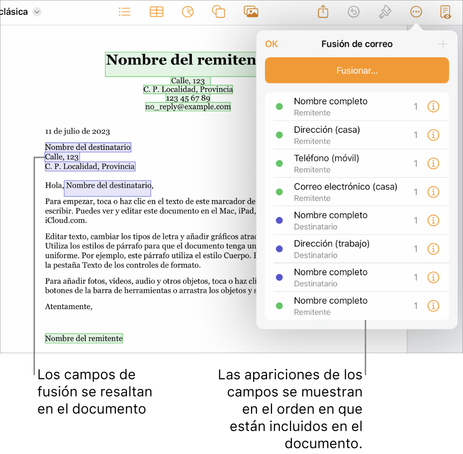 Documento de Pages con los campos de fusión de remitente y destinatario, y la lista de instancias del campo de fusión visible en la barra lateral Documento.