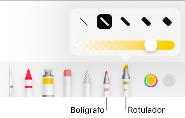 El menú de la herramienta de anotación inteligente, con los botones de bolígrafo y rotulador, las opciones de anchura de línea y el regulador de opacidad.