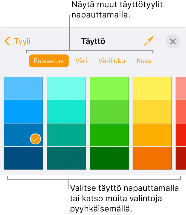 Muoto-painikkeen Tyyli-välilehden täyttövalintoja.