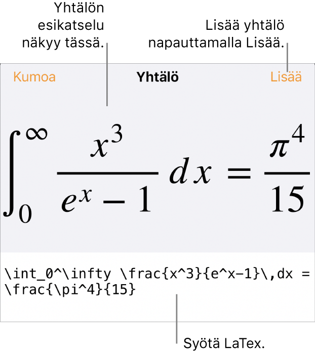 Yhtälö-valintaikkuna, jossa näkyy LaTex-komentoja käyttäen syötetty yhtälö, ja yllä kaavan esikatselu.