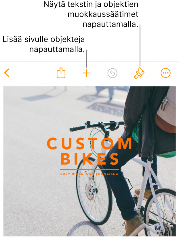 Pages-dokumentti ja työkalupalkki, jossa on painikkeita Muoto-säätimien avaamiseen ja objektien lisäämiseen.