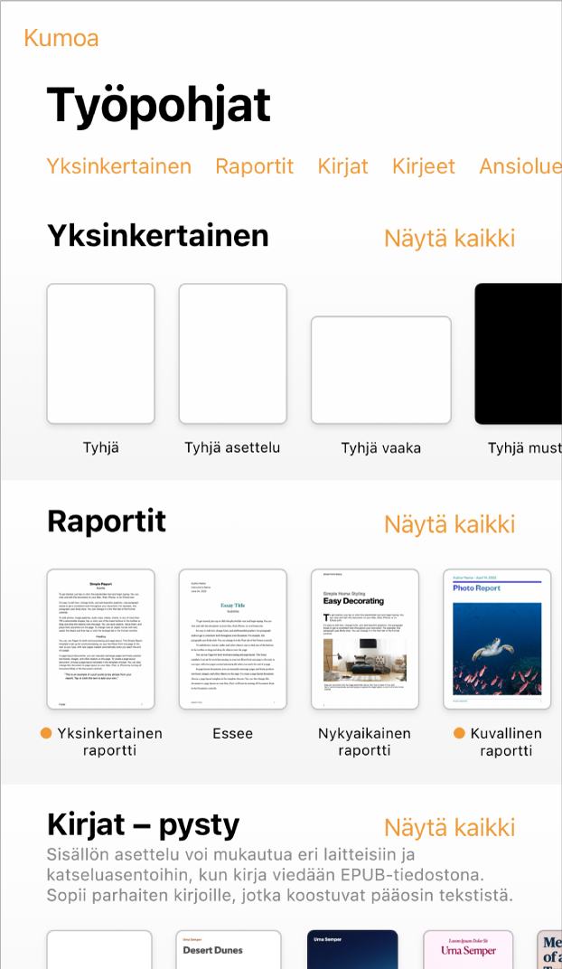 Työpohjan valitsin, jonka yläreunassa näkyy kategorioiden rivi, jota napauttamalla voidaan suodattaa vaihtoehtoja. Alla on esimääritettyjä työpohjia, jotka on järjestetty kategorian mukaan siten, että yläreunassa ovat uudet työpohjat ja niiden alla äskeiset ja peruspohjat. Näytä kaikki -painike tulee näkyviin kunkin kategorian yläpuolelle oikealla.