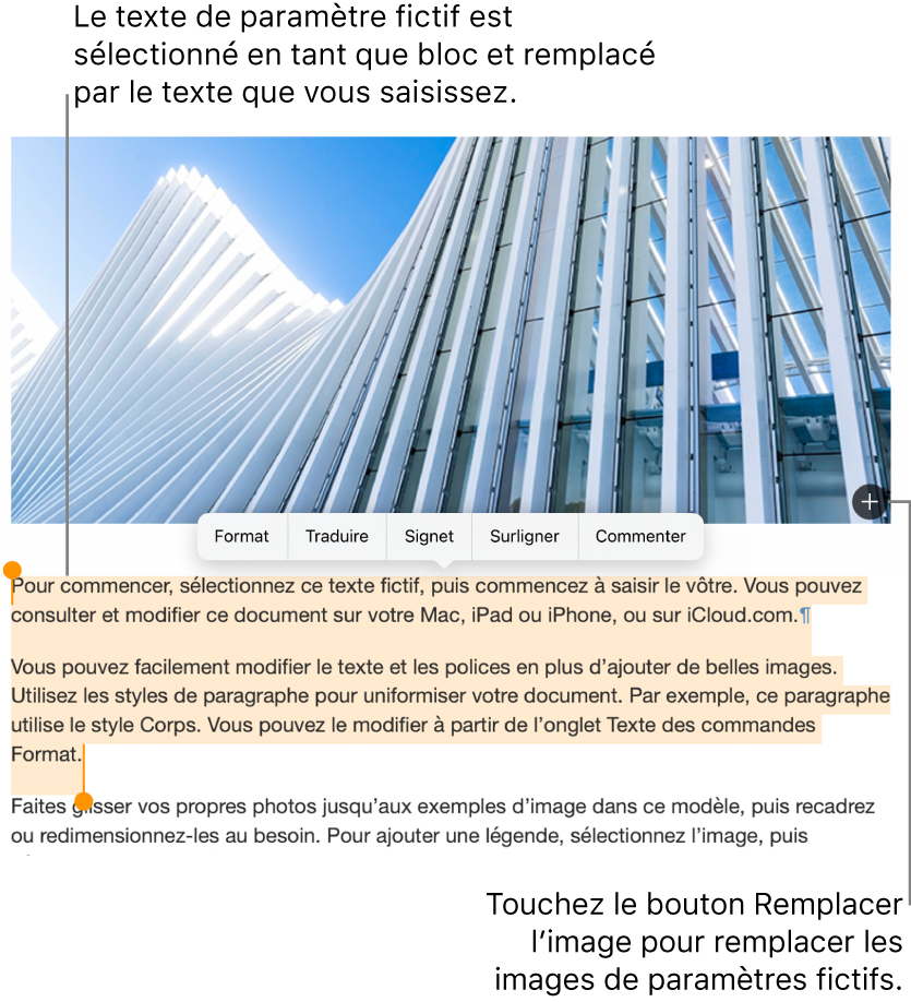 Texte et images de paramètre fictif.