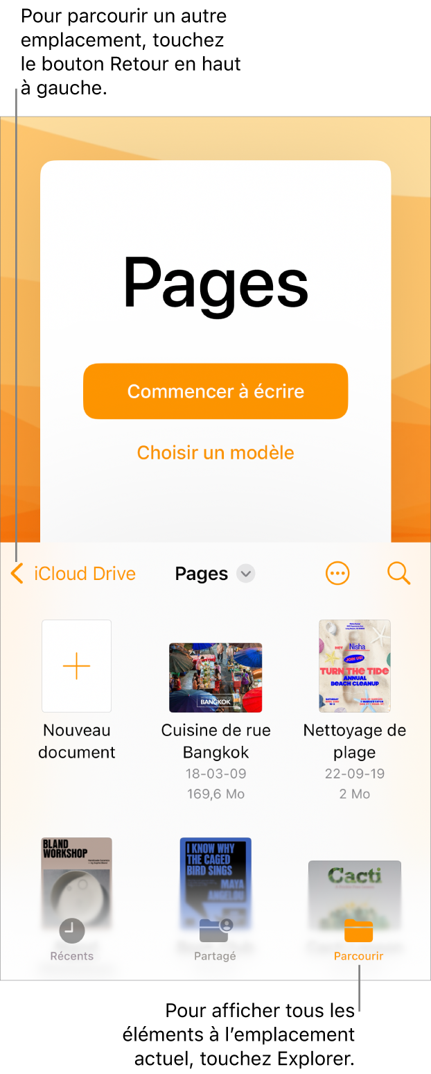 La présentation de navigation du gestionnaire de documents avec le bouton Retour dans le coin supérieur gauche, au-dessus d’un champ de recherche. Sous le champ de recherche se trouve un bouton Nouveau document à côté des vignettes de documents existants. En haut à droite se trouvent les boutons Récents, Partagé et Parcourir.