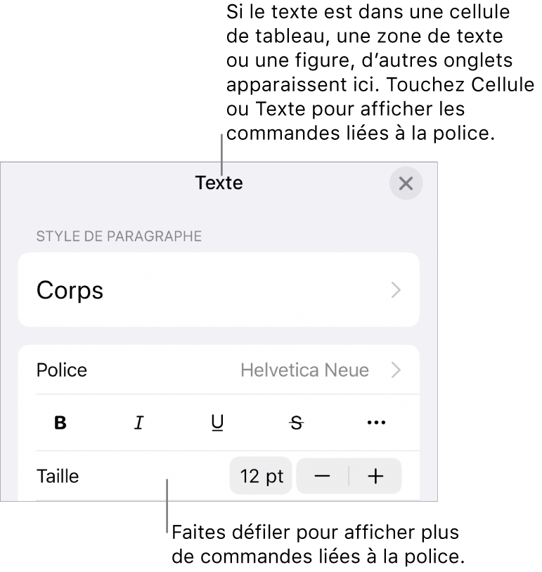 Commandes de texte du menu Format permettant de définir les styles, la police, la taille et la couleur des paragraphes et des caractères.