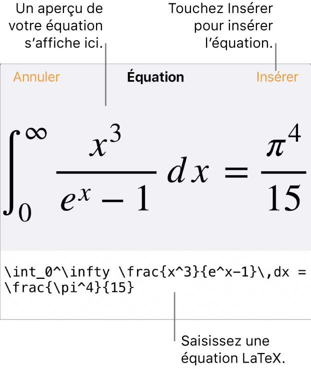 Zone de dialogue Équation, affichant une équation composée à l’aide des commandes LaTeX, et un aperçu de la formule au-dessus.