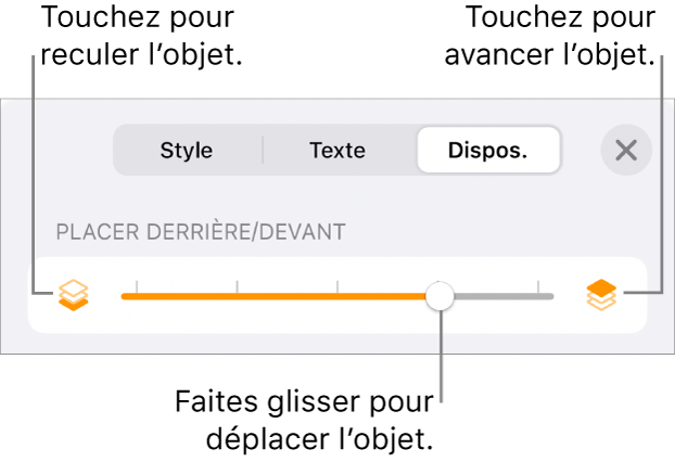 Le bouton de déplacement vers l’arrière, le bouton de déplacement vers l’avant et le curseur de superposition.