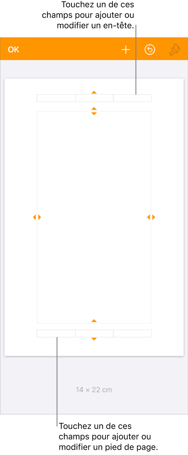 La présentation « Plus d’options » avec trois champs en haut du document pour les en-têtes et trois champs en bas du document pour les pieds de page.