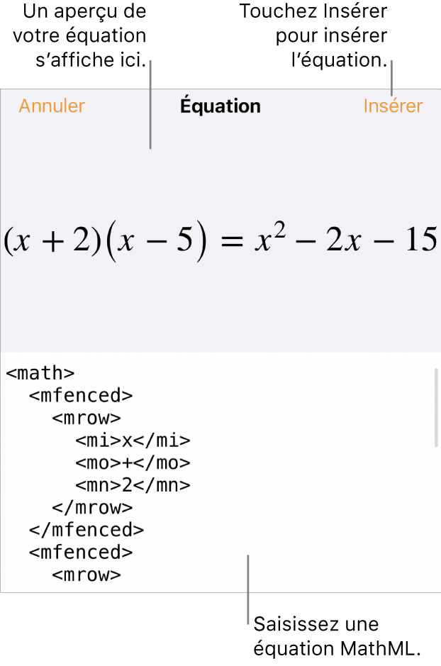 Zone de dialogue Équation, affichant une équation composée à l’aide des commandes MathML, et un aperçu de la formule au-dessus.