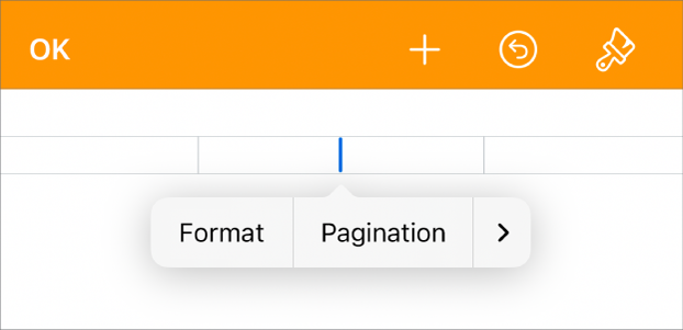 La fenêtre Aspect avec le point d’insertion dans un champ d’en-tête et un menu local contenant deux éléments : Pagination et Insérer.